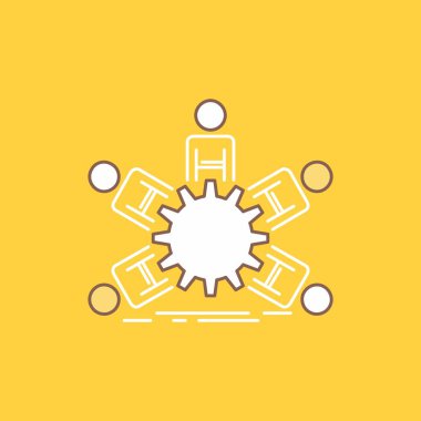 takım, Grup, liderlik, iş, ekip çalışması düz çizgi dolu kutsal kişilerin resmi. Güzel Logo düğme UI ve Ux, Web veya mobil uygulama için sarı arka plan üzerinde
