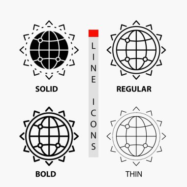 Dünya, küre, Seo, iş, en iyi duruma getirme ince, normal, kalın satır ve karakter stili simgesini. Vektör çizim