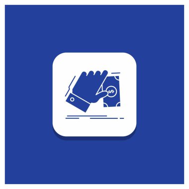 Mavi yuvarlak düğmesi için iş, el, para kazanmak, doları glif simgesi