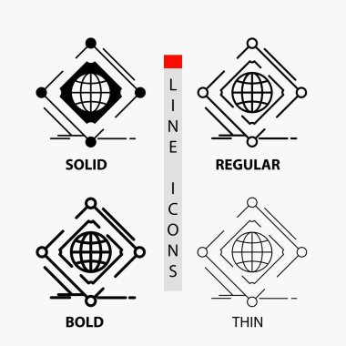 Karmaşık, genel, Internet, net, web simgesi ince, normal, kalın satır ve karakter stili. Vektör çizim