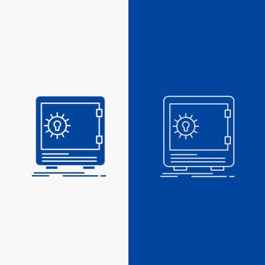 Banka, mevduat, güvenli, güvenlik, kasa satır ve glif web UI ve Ux, Web sitesi veya mobil uygulama için mavi renkte Dikey Banner düğme