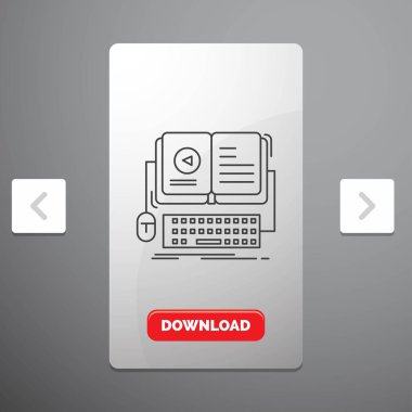 kitap, ebook, rekreasyon Pagination Slider tasarımı ve kırmızı Download düğme etkileşimli, mobil, video çizgisi simgesinde