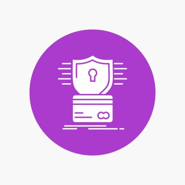 Güvenlik, kredi kartı, kart, kesmek, kesmek beyaz glif simgesini daire içinde. Düğmesi illüstrasyon vektör