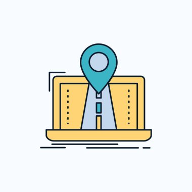 Gezinti, harita, sistemi, Gps, yol düz simgesi. yeşil ve sarı işaret ve sembolleri Web sitesi ve mobil appliation için. vektör çizim