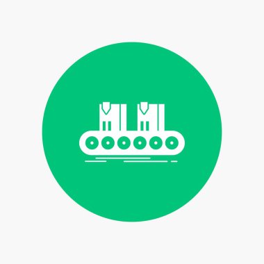 Kemer, kutusu, konveyör, fabrika, beyaz glif simgesini daire içinde satır. Düğmesi illüstrasyon vektör