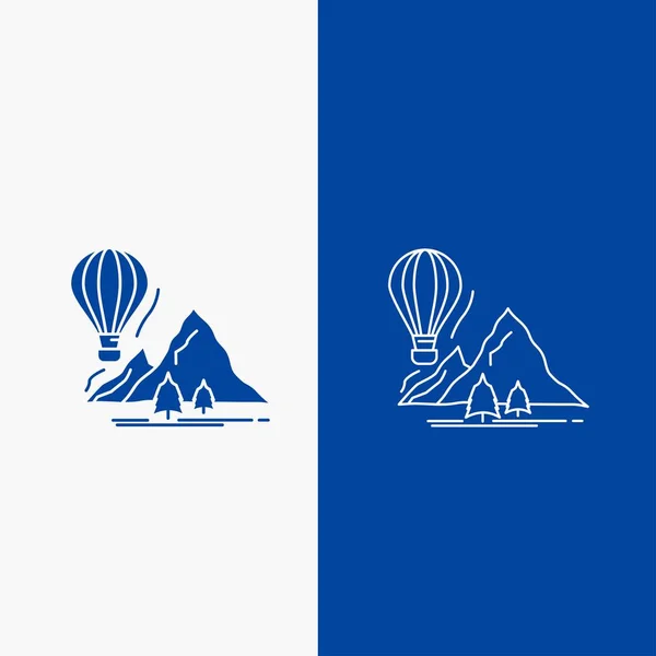 Verkennen Reizen Bergen Camping Ballonnen Lijn Glyph Web Knop Blauwe — Stockvector