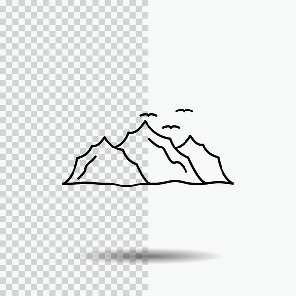 Гора Пейзаж Пагорб Природа Іконка Лінії Птахів Прозорому Тлі Чорна — стоковий вектор