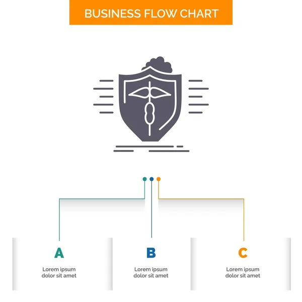 insurance, health, medical, protection, safe Business Flow Chart Design with 3 Steps. Glyph Icon For Presentation Background Template Place for text.