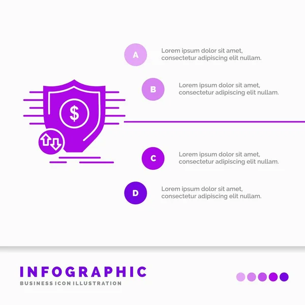 お金は ウェブサイトやプレゼンテーションのためのインフォ グラフィック テンプレートのセキュリティを確保します グリフの紫色のアイコン インフォ グラフィック スタイル ベクトル図 — ストックベクタ