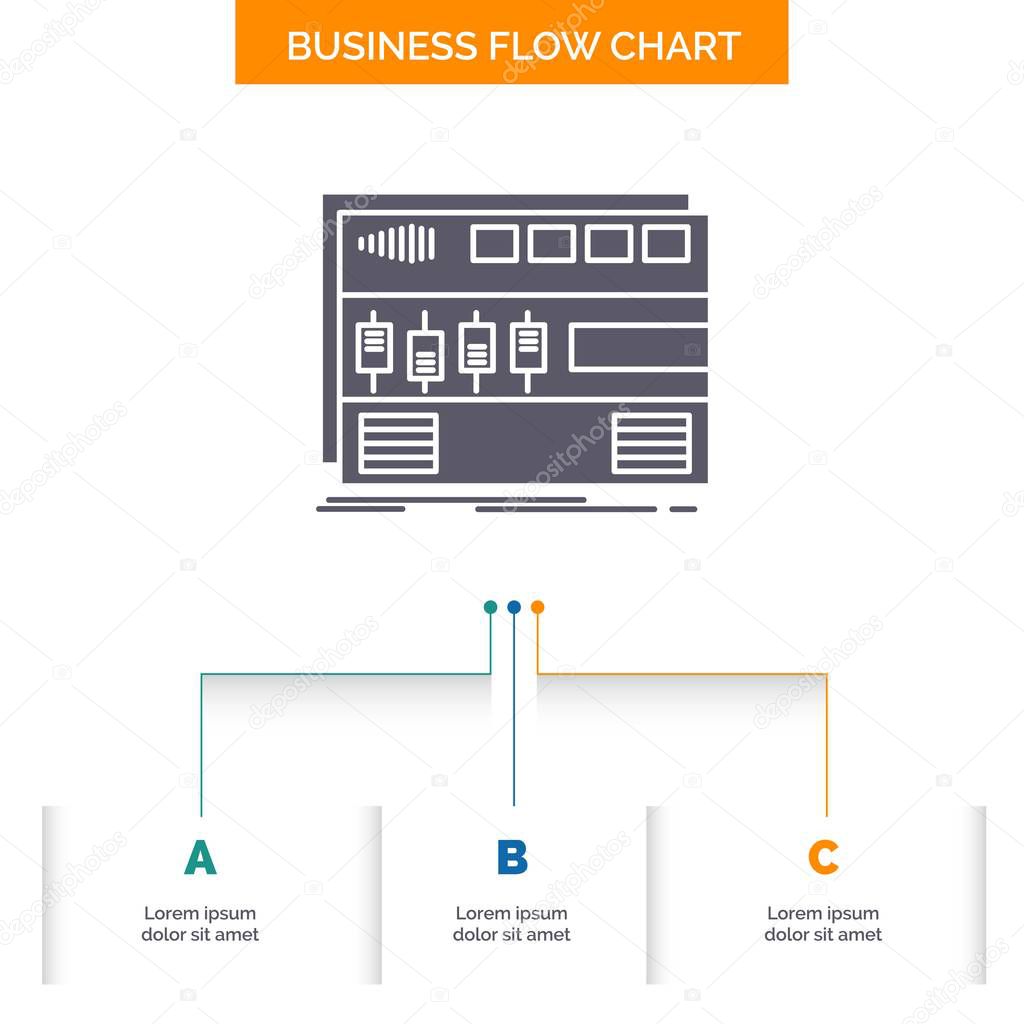 Audio, mastering, module, rackmount, sound Business Flow Chart Design with 3 Steps. Glyph Icon For Presentation Background Template Place for text.