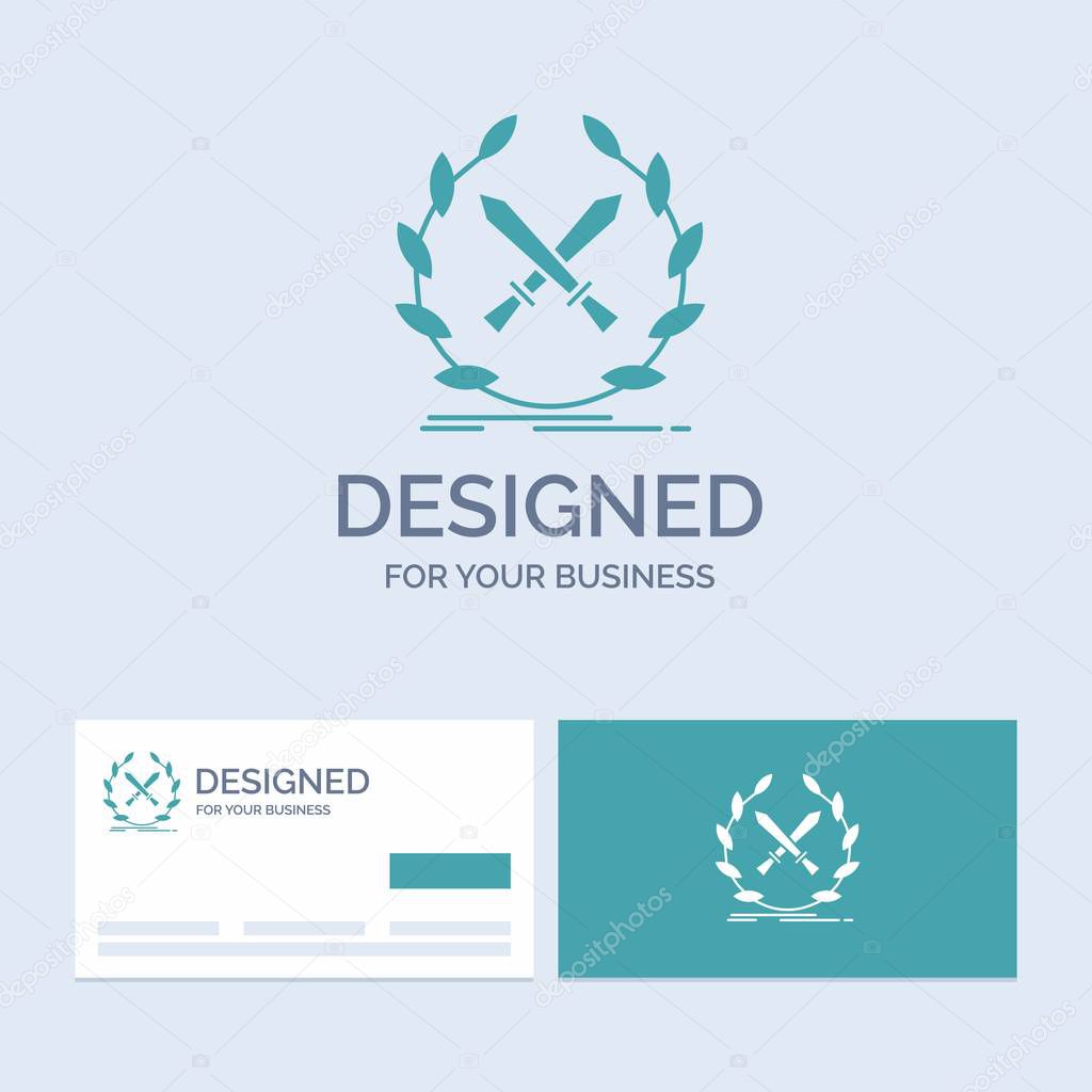 battle, emblem, game, label, swords Business Logo Glyph Icon Symbol for your business. Turquoise Business Cards with Brand logo template.