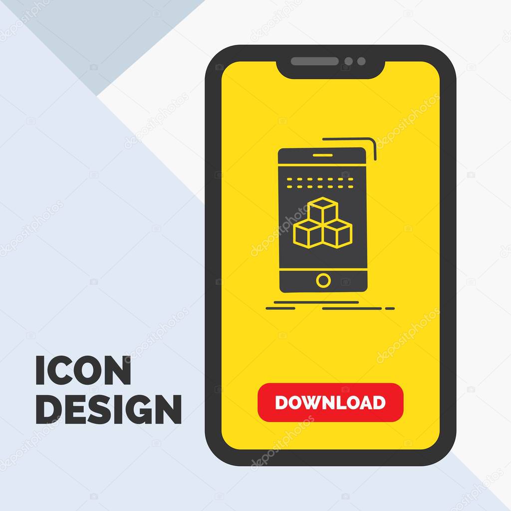 box, 3d, cube, smartphone, product Glyph Icon in Mobile for Download Page. Yellow Background