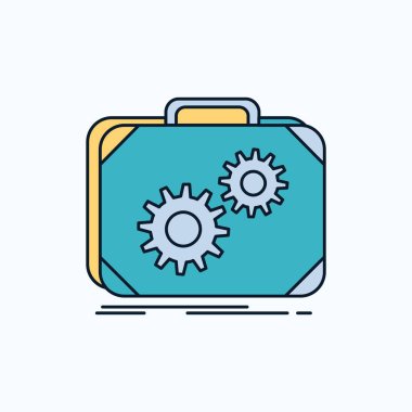 Evrak çantası, servis talebi, üretim, ilerleme, iş düz simgesi. yeşil ve sarı işaret ve sembolleri Web sitesi ve mobil appliation için. vektör çizim