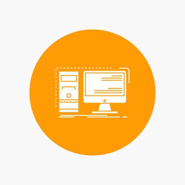 Bilgisayar, Masaüstü, donanım, iş istasyonu, sistem beyaz glif simgesini daire içinde. Düğmesi illüstrasyon vektör