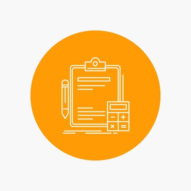 Muhasebe, bankacılık, hesap makinesi, finans, denetim beyaz çizgisi simgesinde daire arka plan. vektör simge tasarlamak