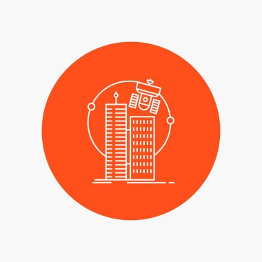 Bina, akıllı şehir, teknoloji, uydu, daire arka plan beyaz satırı simgesi şirkette. vektör simge tasarlamak