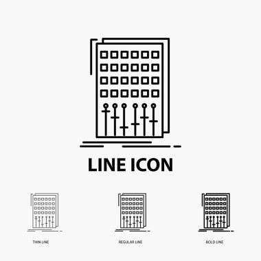 Ses, denetim, mix, mikser, stüdyo kutsal kişilerin resmi içinde ince, düzenli ve kalın çizgi stili. Vektör çizim