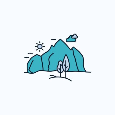 Hill, manzara, Doğa, dağ, düz simgesi ağaç. yeşil ve sarı işaret ve sembolleri Web sitesi ve mobil appliation için. vektör çizim