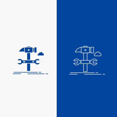 Yapı Mühendisliği çekiç onarım servis satırı ve mavi renkli dikey Banner UI ve Ux, Web veya mobil uygulama için glif web düğmesi