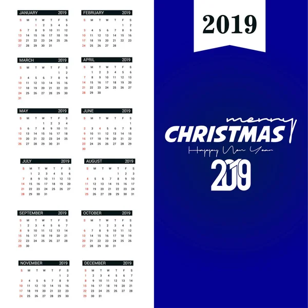 Modelo Calendário 2019 Natal Feliz Ano Novo Fundo — Vetor de Stock