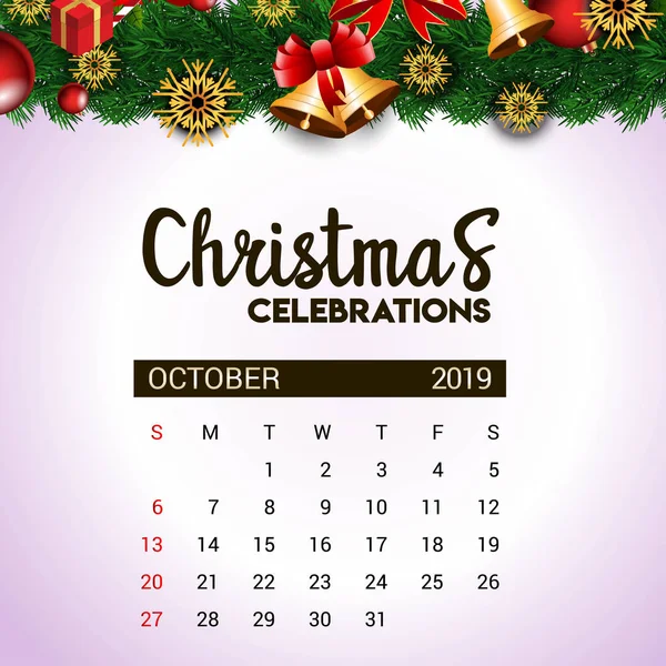 Plantilla Diseño Calendario Octubre 2019 Decoración Navidad Año Nuevo — Vector de stock