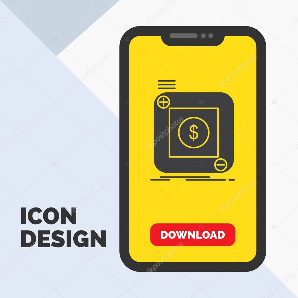purchase, store, app, application, mobile Glyph Icon in Mobile for Download Page. Yellow Background