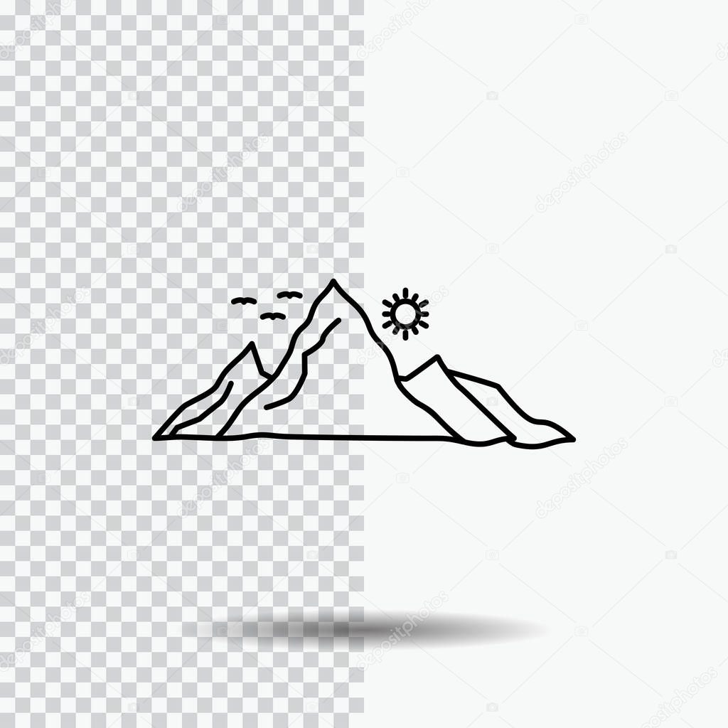 mountain, landscape, hill, nature, sun Line Icon on Transparent Background. Black Icon Vector Illustration