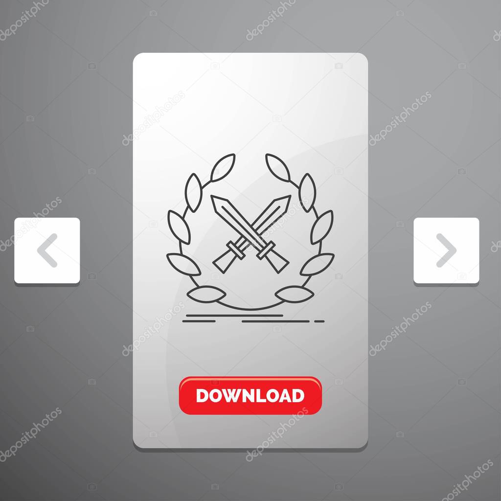 battle, emblem, game, label, swords Line Icon in Carousal Pagination Slider Design & Red Download Button