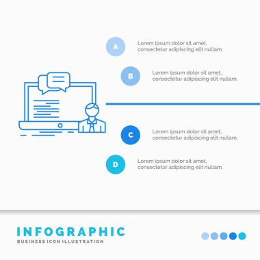 Eğitim, kursu, online, bilgisayar, sohbet Infographics şablon web sitesi ve sunum için. Çizgi mavi kutsal kişilerin resmi Infographic stil vektör çizim