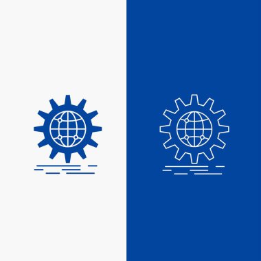 Uluslararası, iş, küre, dünya çapında, çizgi ve glif web düğmesi mavi renkli dikey Banner UI ve Ux, Web sitesi veya mobil uygulama için dişli