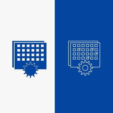 Olay, yönetim, işleme, Kullanıcı arabirimi ve Ux, Web sitesi veya mobil uygulama için çizgi ve glif web düğmesi mavi renkli dikey Banner zamanlama zamanlama