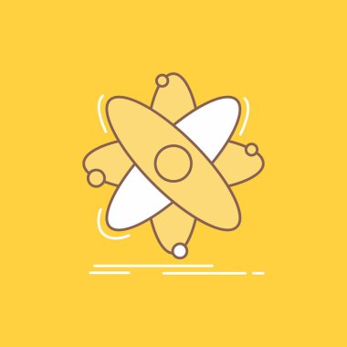 Atom, bilim, kimya, fizik, nükleer düz çizgi simgesini dolu. Güzel Logo düğme UI ve Ux, Web veya mobil uygulama için sarı arka plan üzerinde