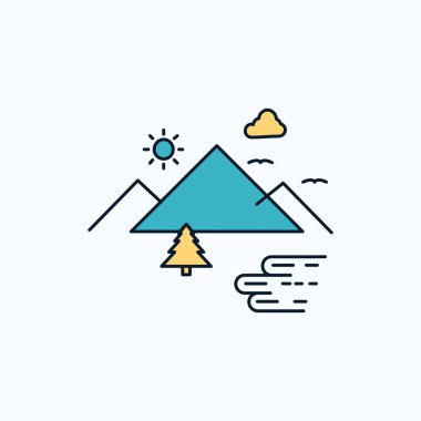 Dağlar, Doğa, açık, bulutlar, güneş simgesi düz. yeşil ve sarı işaret ve sembolleri Web sitesi ve mobil appliation için. vektör çizim