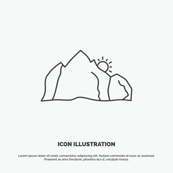 Colina Paisaje Naturaleza Montaña Escena Icono Línea Vectorial Símbolo Gris — Vector de stock