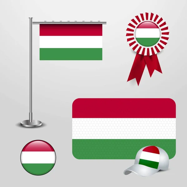 匈牙利国旗在杆子 丝带徽章横幅 运动帽和圆形按钮上的倾斜 — 图库矢量图片