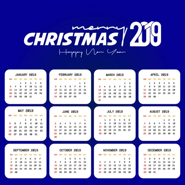 Modelo Calendário 2019 Natal Feliz Ano Novo Fundo — Vetor de Stock