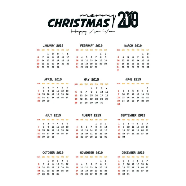 Plantilla Calendario 2019 Navidad Feliz Año Nuevo Fondo — Vector de stock