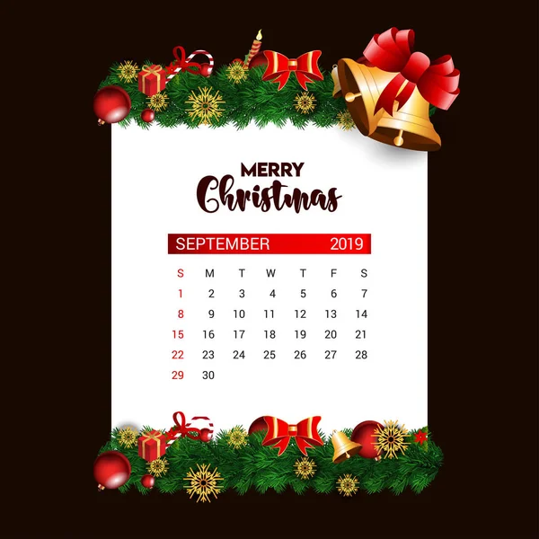 Plantilla Diseño Calendario Septiembre 2019 Decoración Navidad Año Nuevo — Vector de stock