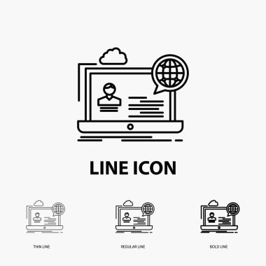 Webinar, forum, online, seminer, Web sitesi simge ince, düzenli ve kalın çizgi stili. Vektör çizim