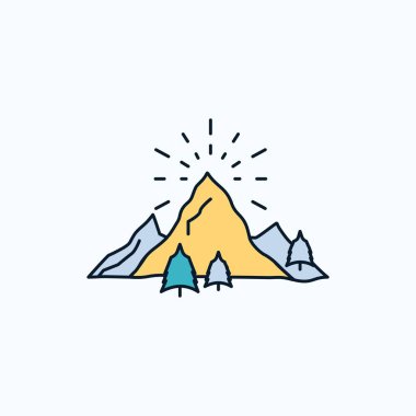 Hill, manzara, Doğa, dağ, havai fişek düz simgesi. yeşil ve sarı işaret ve sembolleri Web sitesi ve mobil appliation için. vektör çizim
