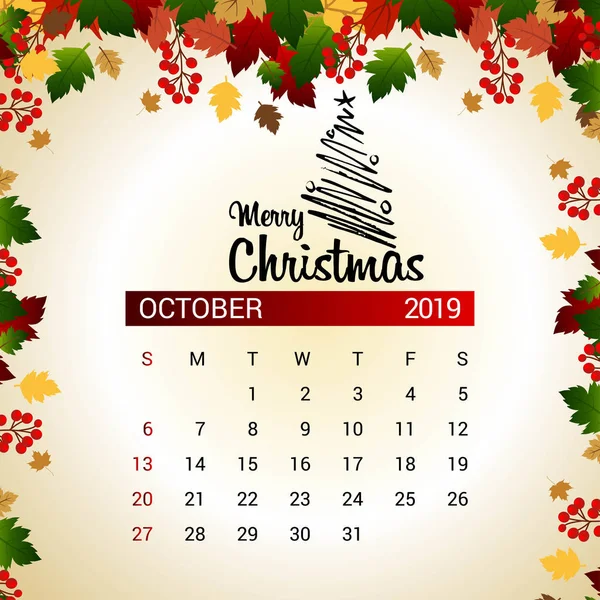2019 Modelo Design Calendário Outubro Natal Decoração Ano Novo — Vetor de Stock