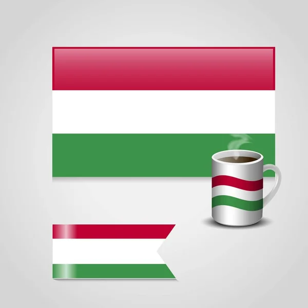 匈牙利国旗印在咖啡杯和小旗子 — 图库矢量图片