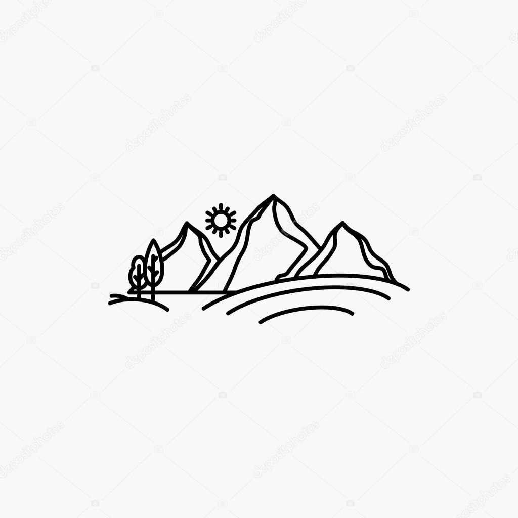 hill, landscape, nature, mountain, sun Line Icon. Vector isolated illustration