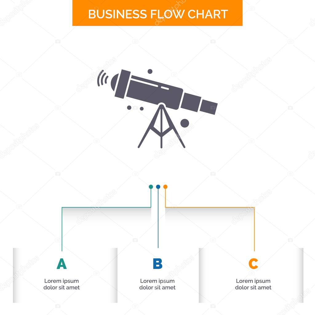 telescope, astronomy, space, view, zoom Business Flow Chart Design with 3 Steps. Glyph Icon For Presentation Background Template Place for text.