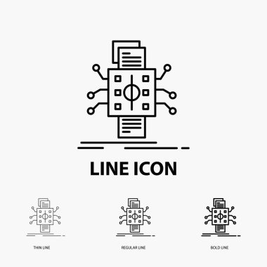 Analiz, veri, datum, işleme, raporlama kutsal kişilerin resmi içinde ince, düzenli ve kalın çizgi stili. Vektör çizim