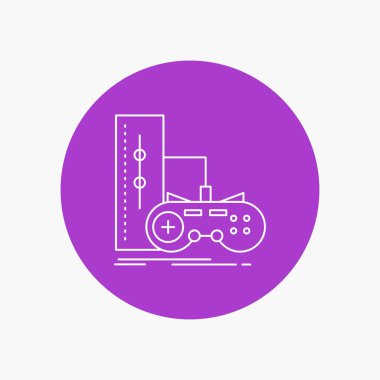 oyun, gamepad, joystick, oyun, playstation beyaz satırı simgesi daire arka planda. vektör simge tasarlamak