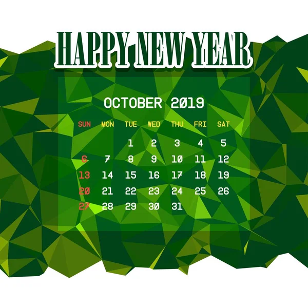 Октябрь 2019 Шаблон Календаря — стоковый вектор
