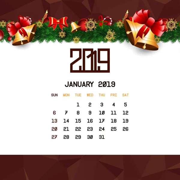 Январь 2019 Шаблон Календаря — стоковый вектор