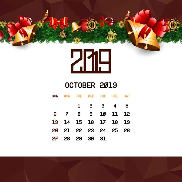 Modèle Calendrier Octobre 2019 — Image vectorielle