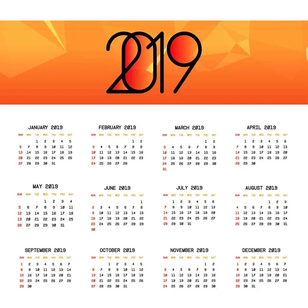 Plantilla Calendario 2019 Feliz Año Nuevo Fondo — Archivo Imágenes Vectoriales